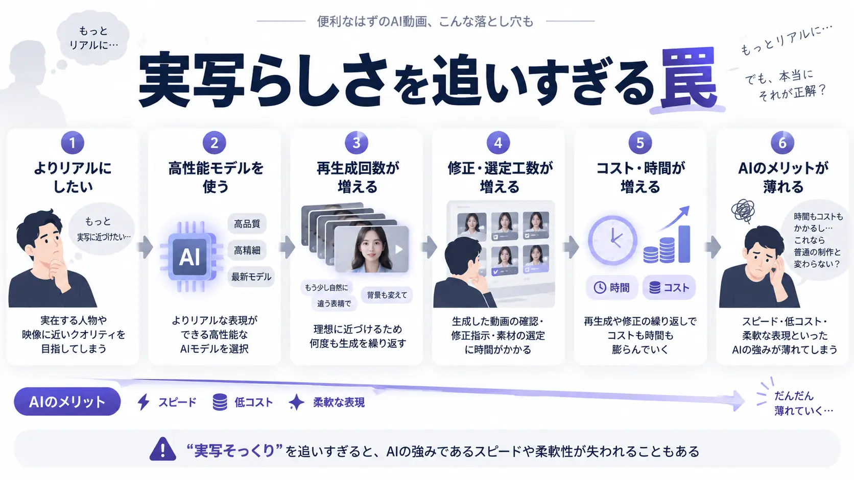 実写らしさを追いすぎることで再生成・修正が増え、スピードと低コストというAIのメリットが薄れていく流れを6段階で示した図