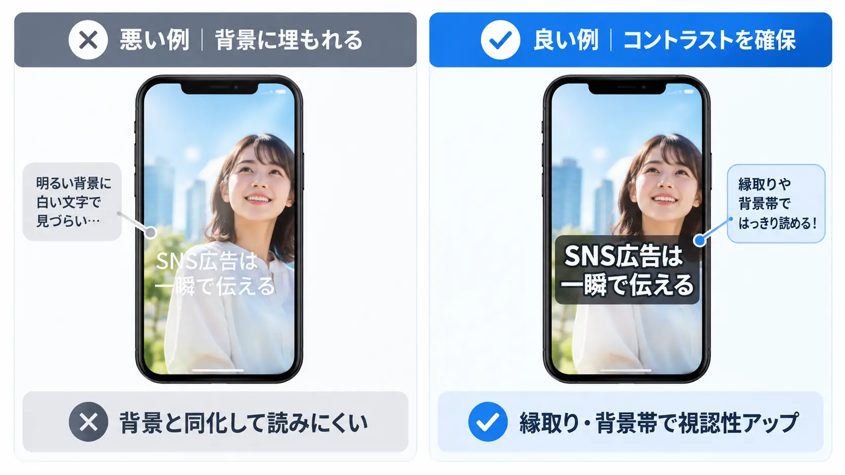明るい背景に白文字を置いて読みにくくなった例と、縁取り・背景帯でコントラストを確保した例の比較図